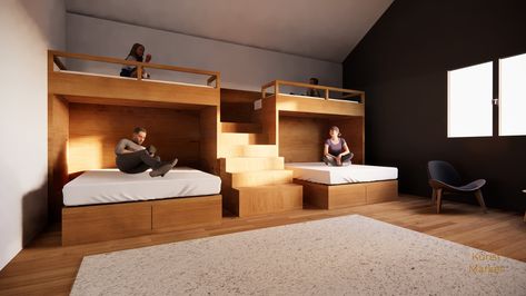 Bunk Beds With Privacy Curtains, Double Bunks Built In, Queen Bed As Couch, Upper Bunk Bed Ideas, 12x12 Bunk Room, Double Bunk Room, Double Bunk Beds Built In, 2 Bunk Beds In One Room, Double Twin Bed Ideas