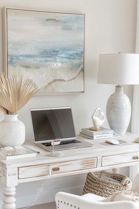 18 Coastal Home Office Decor Ideas » Lady Decluttered Coastal Office Ideas, Lake House Office, Beach Theme Office, Coastal Office Decor, Coastal Country Decor, Coastal Home Office, Writing Nook, Work Office Ideas, Cottage Core Home Decor