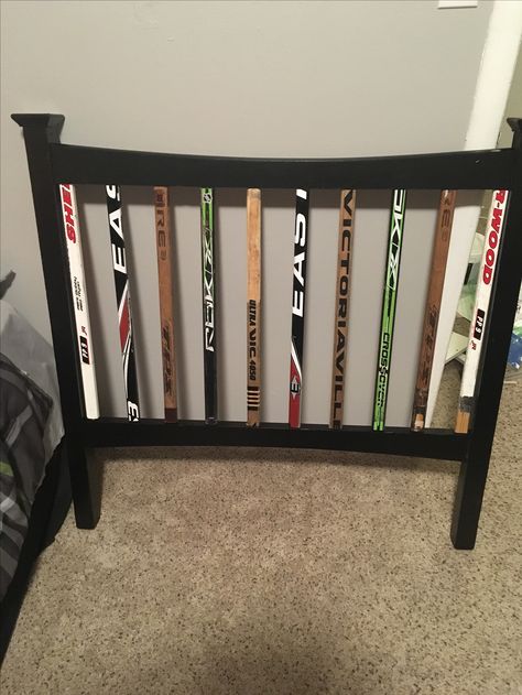 Hockey Stick Headboard Sport Nursery, Hockey Stick Furniture, Hockey Storage, Themed Room Decor, Monster Room, Hockey Crafts, Hockey Bedroom, Nursery Baby Boy, Hockey Room