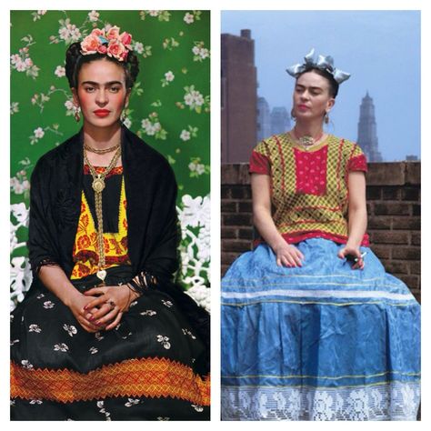 O estilo de Frida Kahlo - Para ela,as roupas eram uma linguagem. Escolhia cada peça de forma planejada e acrescentava seu toque pessoal. Suas roupas vinham de diferentes épocas e partes do mundo, como Europa, Ásia e Guatemala. Porém, seu estilo preferido e mais representado em suas obras foi um típico mexicano, mais especificamente de Tehuantepec. Usava um xale grande, pois esse tipo de roupa também permitia que ela disfarçasse a perna mais curta, consequência da pólio, e o corpo fragilizado pel Frida Khalo Costume, Bus Accident, Frida Kahlo Style, Teacher Costumes, Hallowen Ideas, Couple Costumes, Holloween Costume, Art Costume, Easy Costumes