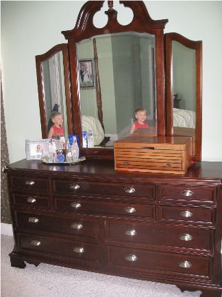 Traditional Bedroom Furniture Makeover, Refinished Bedroom Set Ideas, Painted Bedroom Furniture Set, Cherry Bedroom Furniture Makeover, Chalk Paint Bedroom Set, Refinished Bedroom Set, Refinished Cherry Furniture, Update Cherry Bedroom Furniture, Cherry Wood Dresser Makeover