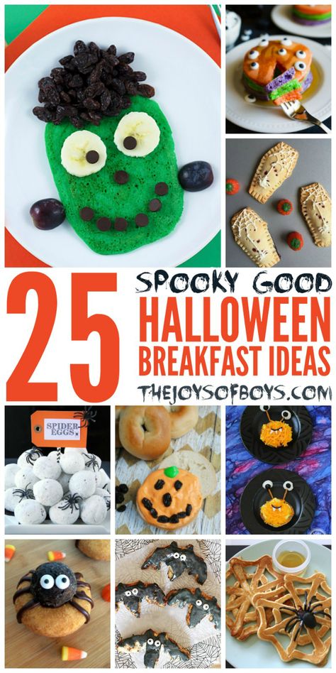 These Halloween Breakfast Ideas are SPOOKY!  I love them!  My boys would love the Frankenstein pancakes! Halloween Breakfast Food, Halloween Breakfast Ideas, Halloween Food Ideas For Kids, Halloween Pancakes, Food Ideas For Kids, Halloween Snacks For Kids, Kids Halloween Food, Halloween Donuts, Halloween Food Ideas