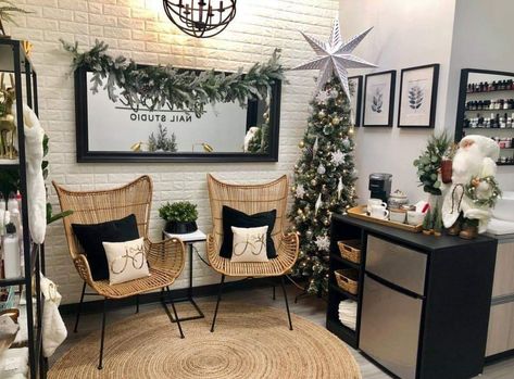 Salon Processing Area Hair, Small Salon Waiting Area, Salon Waiting Area Ideas Small Spaces, Cozy Salon Ideas, Salon Ideas Small Spaces, Rock Bed Landscaping, Boho Hair Salon Decor, Small Salon Designs Layout, Small Hair Salon Interior Design