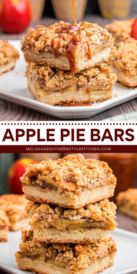 Nothing compares to homemade apple pie bars! They're a sweet treat to make for Thanksgiving. From the shortbread crust to the streusel topping, this Thanksgiving dessert idea is one of the best apple recipes! Thanksgiving Brunch Desserts, Apple Pie Bars Recipe Easy, Apple Pie Treats, Apple Bar Cookies, Apple Recipes With Pie Crust, Apple Pie Shortbread Bars, Apple Pie Cookie Bars, Apple Desserts Thanksgiving, Apple Thanksgiving Recipes