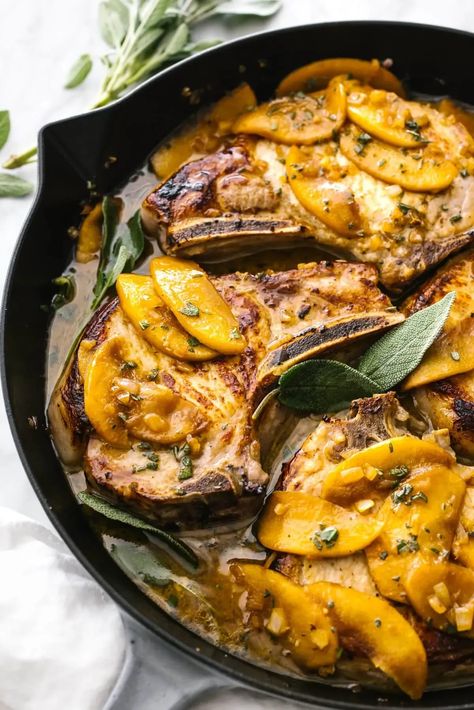 This juicy, pan fried pork chop recipe brined in apple cider and cooked with fresh apples and sage makes for the best fall dinner idea. Honey Apple Pork Chops, Sage Pork Chops, Cider Pork Chops, Pork Chops Easy, Paleo Pork Recipes, Apple Cider Pork Chops, Apple Cider Pork, Easy Fall Dinner, Pork Chop Sandwiches