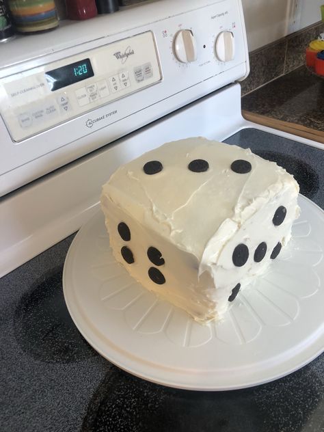 4 layer square dice cake with mini Oreos! Need to work on my frosting skills! Dice Cake, Diy Dice, Mini Cakes Birthday, Game Night, Frosting, Oreo, Birthday Cake, Cake, Birthday