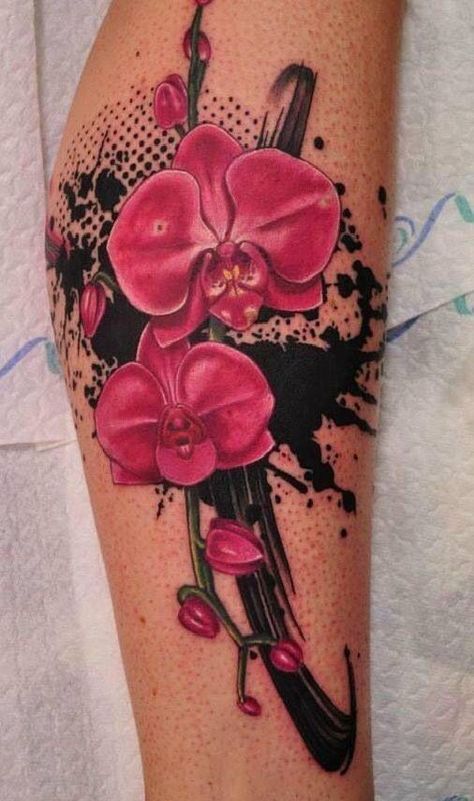 Just one orchid with some type of design behind it like this one for my mom Watercolor Orchid Tattoo, Orchid Flower Tattoos, Orchid Tattoo, Tattoo Henna, Trash Polka Tattoo, Tatuaje A Color, Great Tattoos, Flower Tattoo Designs, Love Tattoos