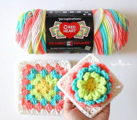 Granny Square Yarn 3D Crochet Flower - Repeat Crafter Me 3d Crochet Flower, Heart Granny Square, 3d Crochet, Yarn Box, Repeat Crafter Me, Granny Square Crochet Patterns Free, Crochet Fruit, Yarn Skein, Crochet Daisy