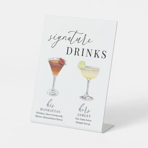 Modern Elegant Watercolor Signature Drinks Pedestal Sign  Zazzle Watercolor Drinks, Martini Espresso, Lemon Martini, Wedding Pedestal, Modern Elegant Wedding, Classic Serif Fonts, French 75, Gimlet, Elegant Script Fonts