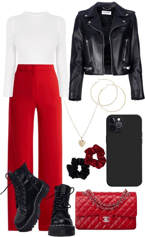 Edgy Bold Fashion, Innocent Edgy Style, Edgy Red Dress Outfit, Fitted Red Top In Edgy Style, Edgy Outfits Red And Black, Rock Chic Outfit, Girl Boss Outfit, Boss Outfit, Cold Outfits