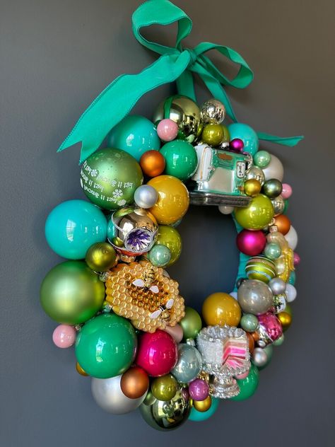 Whimsical Joy Vintage and New Christmas Ornament Wreath - Etsy Door Ornaments, Christmas Bulb Wreath, Funky Christmas Wreath, Whimsicle Christmas Wreath, Vintage Ornament Wreaths, Whimsical Elf Christmas Decor, Eclectic Christmas Decor, Kitsch Christmas Wreath, Vintage Christmas Diy