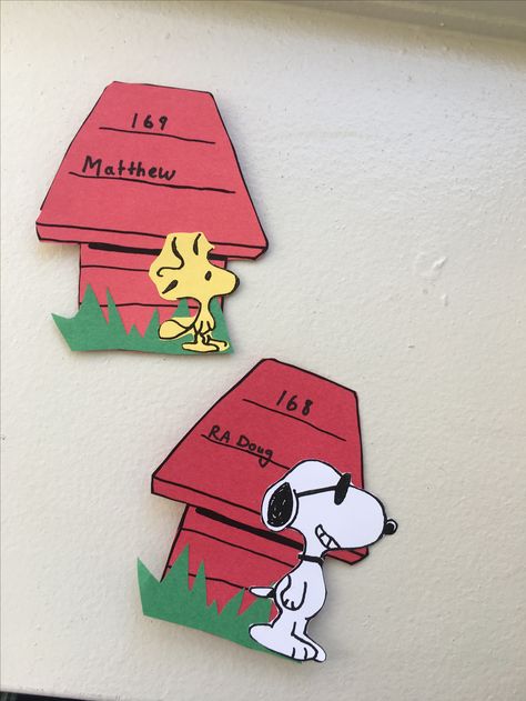 Snoopy and Woodstock Door tags (door decs) - Theme: Comic Books Snoopy Door Decs, Dorm Door Name Tags, Resident Advisor Door Decs, Ra Door Decs College Resident Assistant, Door Tags Resident Assistant, Dorm Hall Themes, College Door Decs, Ra Door Decs College, Door Decorations Ra