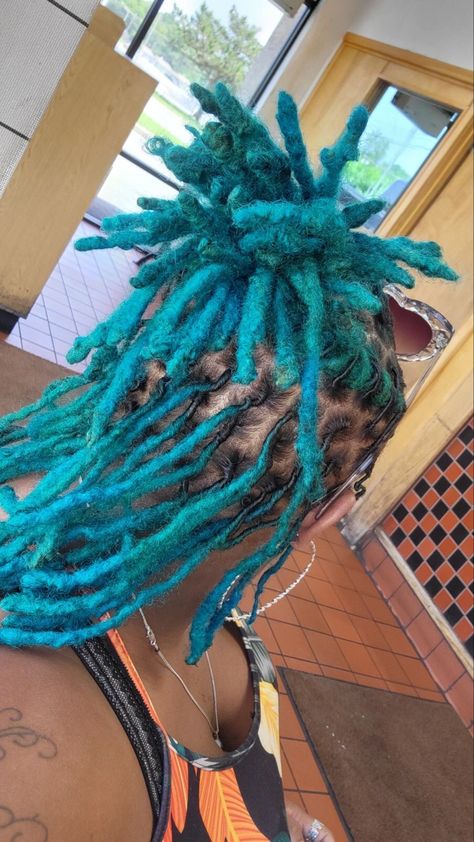 Turquoise Locs Black Women, Blue Tip Locs, Mint Green Locs, Teal Locs Black Women, Blue Dyed Locs, Blue And Blonde Locs, Dreads Color Ideas Locs For Women, Light Purple Locs, Blue And Green Locs