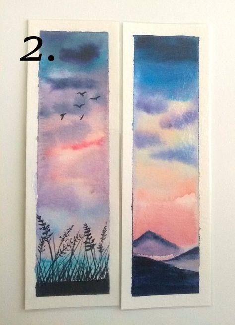 Bookmark Painting Ideas, Sunset Bookmark, Watercolour Bookmarks, Laminated Bookmarks, Unique Bookmarks, Watercolor Supplies, Bookmark Craft, Nature Watercolor, Watercolor Bookmarks