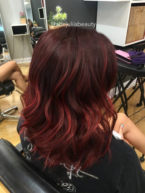 Medium Hair With Red Highlights, Red Balayage Light Brown Hair, Red Dementional Hair, Natural Red Hair Dye Ideas For Brunettes, Bright Red Balayage Hair Brunettes, Pink And Red Highlights In Brown Hair, Red With Brown Roots, Brown And Red Balayage Hair, Short Red Balayage