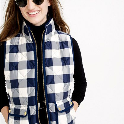 Excursion quilted vest in buffalo check Buffalo Plaid Vest, Plaid Vest, Standing Collar, Quilted Vest, Weekend Style, Down Vest, Buffalo Check, Navy Women, Autumn Winter Fashion