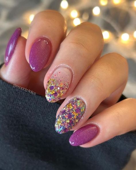 Nails Dip Christmas, Cute Nail Designs Dip Powder, Dip Powder Nail Styles, Purple Dip Nails With Design, Dip Glitter Powder Nails, Dip Powder Nails With Glitter, Almond Shaped Dip Powder Nails, Late February Nails, Fun Holiday Nails