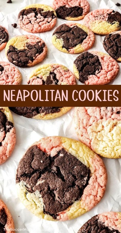 A taste of childhood nostalgia in every bite! These Neapolitan cookies feature three iconic flavors – chocolate, strawberry, and vanilla – rolled up and baked to perfection in a soft and chewy cookie. Whip up this classic recipe in 15 minutes! Neapolitan Cookies Recipe, Neapolitan Cookies, Decadent Food, Strawberry Cake Mix, Cake Mix Cookie Recipes, Creative Snacks, Vanilla Cake Mixes, White Cake Mixes, Childhood Nostalgia