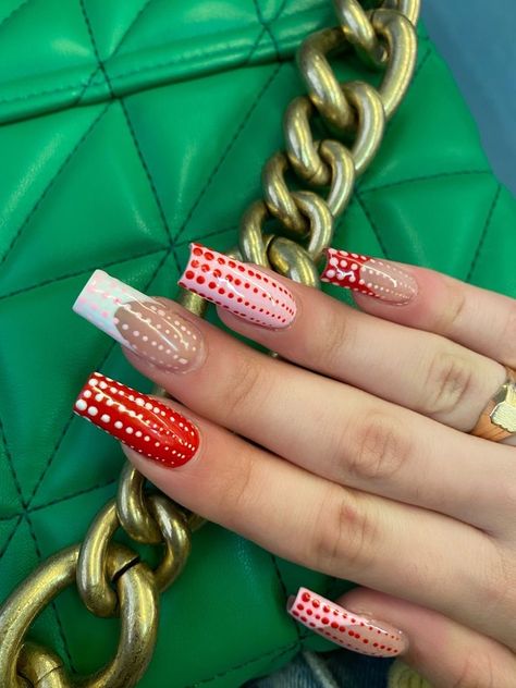 French Tip Dot Nails, Dotted French Nails, Red Nails With Dots, Dotted French Tip Nails, Red Dot Nails, French Tip Nails With Dots, Dot Nails Designs, Nails Dots Minimalist, Dot Art Nails