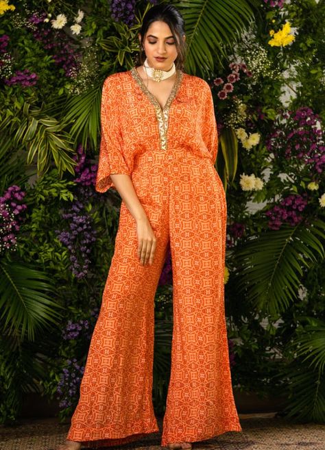 Jumpsuit Design, Orange Jumpsuit, Casual Indian Fashion, Traditional Indian Outfits, Trendy Dress Outfits, Party Wear Indian Dresses, Dress Indian Style, Stylish Dresses For Girls, Indian Fashion Designers