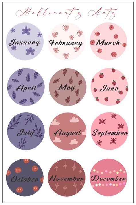 Months Stickers Printable, Aesthetic Circle Stickers Printable, Asethic Stickers, Circle Sticker Design, Printable Bullet Journal, Free Printable Planner Stickers, Bullet Journal Paper, Month Stickers, Bullet Journal Diy