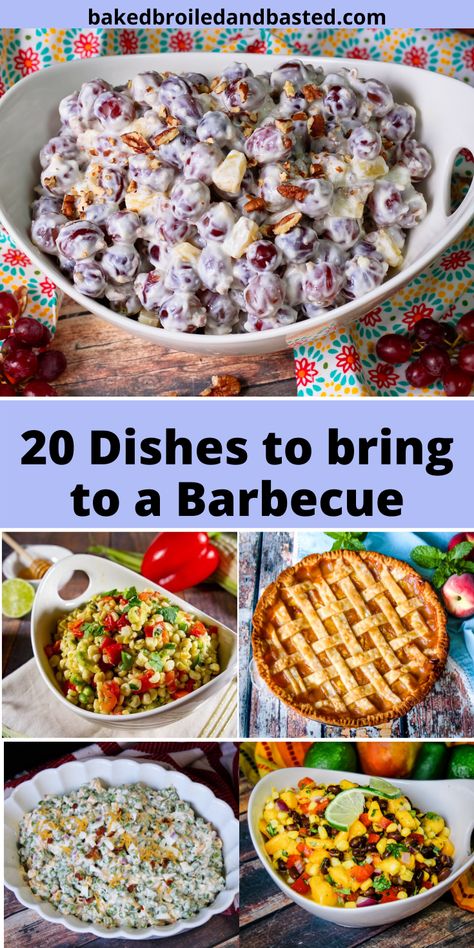 This collection of recipes has appetizers, classic BBQ sides and salads, and sweet summer desserts. This is a one stop shop for all of those things you want to make for a BBQ.  #BBQsides, #summersides, #BBQ Side Dishes Bbq Parties, Barbecue Potluck Dishes, Recipes For Cookouts Parties, Bbq Deserts Ideas Summer, Cookout Casseroles, Sides To Take To A Bbq, Summer Bbq Potluck Ideas, Bbq Meat Ideas Barbecue, Barbque Ideas Recipes