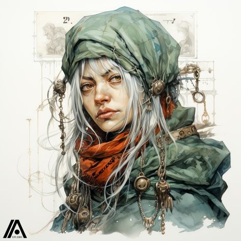 Prompt: Wizened old female fortuneteller, head, close up character design, multiple concept designs, concept design sheet, white background, style of Yoshitaka Amano --s 750 —v 5.2 #ai #midjourney #womanstyle #character Nomadic Character Design, Old Female Character Design, Banu Haqim, Npc Art, Yoshitaka Amano, Design Sheet, Background Style, Drawing Faces, Fortune Teller