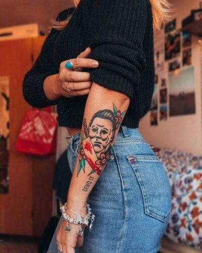 Eye of Horus Tattoo. Michael Myers Tattoo With Flowers, Michael Myers Flash Tattoo, Michael Myers’s Tattoo, Micheal Myers Tattoo Ideas, Traditional Michael Myers Tattoo, Michael Myers Tattoo Halloween, Micheal Myers Tattoo Design, Michael Myers Tattoos, The Eye Of Horus Tattoo