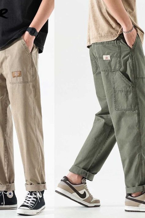 Men’s Fashion Cotton Cargo Pants Casual Outfits Men Fall, Vans Outfit Men, Cargo Pants Outfit Men, Straight Cargo Pants, Male Streetwear, Mens Smart Casual Outfits, Pants Outfit Men, Casual Cargo Pants, Cotton Cargo Pants