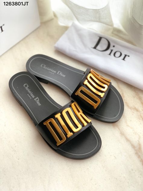 Christian Dior Cd woman slippers leather sandals black gold Dior Slippers, Gold Slippers, Woman Slippers, Baby Gender Reveal Party, Fashion Slippers, Reveal Party, Gold Sandals, Baby Gender, Dior Shoes