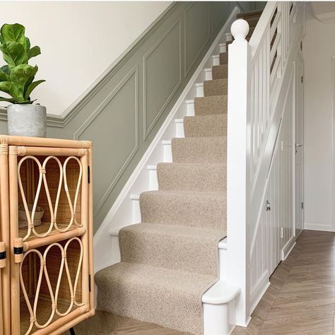 Green Stair Panelling, Sage Hallway And Stairs, Hallway Ideas Sage Green, Sage Panelling Hallway, Hall Stair And Landing Colour Ideas, Panelled Walls On Stairs, Modern Dado Rail Ideas Hallway, Upstairs Panelling, Sage Green Panelling Hallway