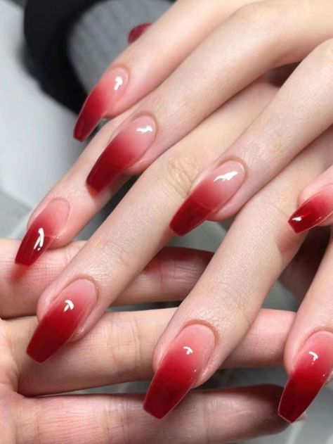 24pcs Long Coffin Shaped Nail Tips With Nude Ombre And Fire Red Gradient, 1pc Nail Buffer And 1pc Jelly Gel Included Press On Nails Nail SuppliesI discovered amazing products on SHEIN.com, come check them out! Ombre Nail Design, Ombre Chrome Nails, Red Ombre Nails, Unghie Sfumate, Fake Nails Long, Ballet Nails, Pink Ombre Nails, Nagel Tips, Happy Nails