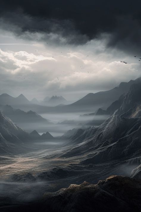 Dark Wilderness Aesthetic, Desolate Landscape Fantasy Art, Fantasy Void Landscape, Dark Valley Aesthetic, Desolate Aesthetic, Dark Mountain Aesthetic, Fantasy Wilderness, Desolate Landscape, Moody Atmosphere