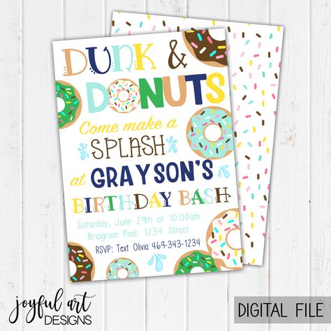 Dunk and Donuts Birthday Invitation. Donut Party Invitations. Donut Girl Birthday. Donuts and Swim Party.  Donut Swim Party.  Donut Party Supplies. Printable Invitations & Thank You Donut Party Supplies, Donut Birthday Parties, Donut Party, Card Files, Birthday Planning, Birthday Thank You, Sons Birthday, Custom Party, Boy Birthday Parties