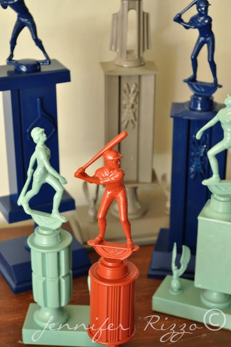 Repurposed Trophies, Painted Trophies, Old Trophies, Sport Bedroom, Sports Room, Vintage Thrift, Sports Decorations, Big Boy Room, Assemblage Art