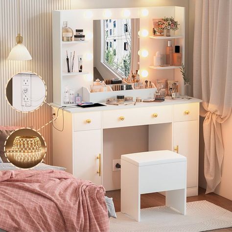 Amazon.com: Xixini Vanity Desk with Mirror and Lights, 43'' Pink Makeup Dressing Table Set with 5 Drawers & Chair, Power Outlet, 3 Lighting Modes Adjustable Brightness & RGB LED for Women Girls Bedroom Bathroom : Home & Kitchen Led Lights Vanity, Vanity Desk With Mirror, Makeup Vanity Lighting, Desk With Mirror, Makeup Dressing Table, Mirrored Vanity Desk, Small Chest Of Drawers, Vanity Benches, Large Vanity