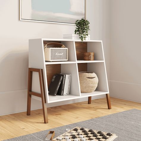 Telos Mid-Century Storage Cubby 4 Cube Organizer | Nathan James 4 Cube Organizer, Nathan James, Cubby Shelf, White Buffet, Storage Cubby, Dekorasi Kamar Tidur, Cubby Storage, Cube Organizer, White Storage