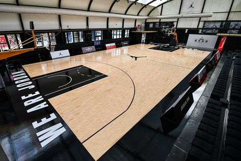 I like the black on the court Basketball Court Architecture Design, Indoor Basketball Court Gym, Basketball Court Design Indoor, Home Basketball Court Indoor, Black Basketball Court, Basketball House, Bball Court, Home Bowling Alley, Indoor Sports Court