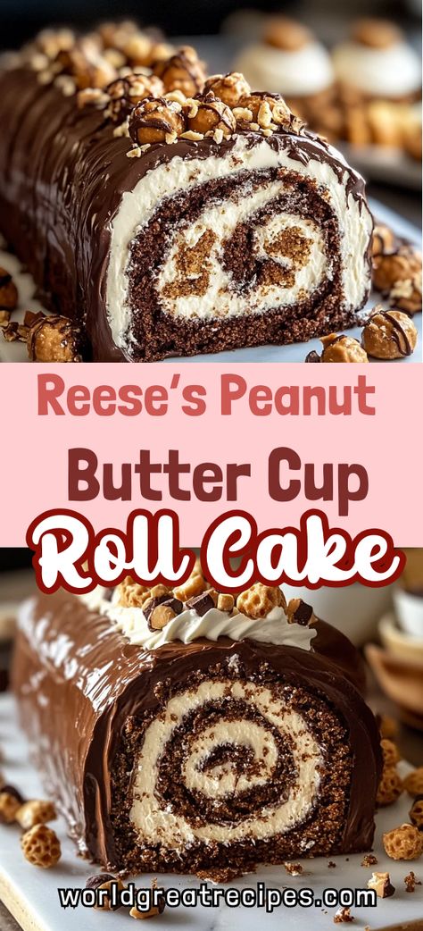 🍫 This Reese's Peanut Butter Cup Roll Cake is the ultimate no-bake treat! Layers of moist chocolate cake, creamy peanut butter filling & chopped Reese's cups - it's heaven in every bite! Quick & simple to make, perfect for parties & holidays. Save this show-stopping dessert recipe now! Reese Peanut Butter Cup Roll Cake, Reeses Peanut Butter Roll Cake, Reeces Peanut Butter Cup Roll Cake, Chocolate Peanut Butter Roll, Desserts With Reeses Peanut Butter Cups, Reese’s Peanut Butter Cup Roll Cake, Chocolate Peanut Butter Cake Roll, Peanut Butter Cake Roll Recipe, Peanut Butter Cup Desserts