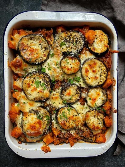 Vegetable Bake Recipes, Squash Bake, Aubergine Recipe, Baked Squash, Vegetarian Bake, Vegetarian Dish, Veg Dishes, Bbc Good Food, Baked Vegetables