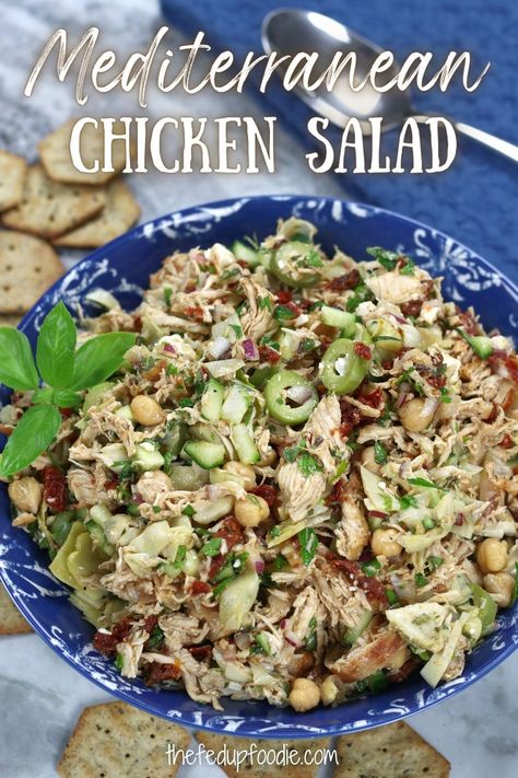 Mediterranean Chicken Salad Sandwich is a healthy and satisfying lighter lunch or dinner. Made with tender shredded chicken, chickpeas, refreshing cucumbers and tangy feta. Add in the simple olive oil red wine vinaigrette and you have symphony of Mediterranean flavors. #HealthyChickenSaladSandwich #NoMayoChickenSaladSandwich #ChickenSaladSandwichWithoutMayo #MediterraneanDietChickenSaladSandwich #MediterraneanChickenSaladHealthy Chicken Salad With Olives, Olive Oil Chicken Salad, Mediterranean Chicken Salad Healthy, Mediterranean Diet Chicken Salad, Shredded Chicken Mediterranean Recipes, Warm Chicken Salad Recipe, Mediterranean Chicken Salad Recipes, Mediterranean Chicken Salad, Mediterranean Sandwich Recipes