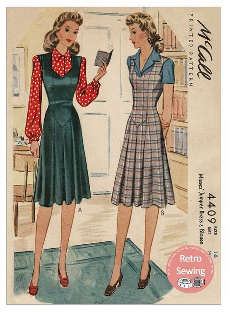 1940's Misses Jumper Dress and Blouse PDF Sewing Pattern Bust 34 - Etsy French Sewing Patterns, 1940s Dress Pattern, Dress And Blouse, Vintage Clothes Patterns, Bolero Dress, Sock Knitting Patterns, Blouse Pattern Sewing, 1940s Fashion, Vintage Sewing Patterns