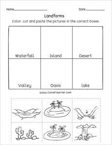 Landforms printables and worksheets for kindergarten and preschool Bodies Of Water Activities, Landforms Worksheet, Landforms And Bodies Of Water, Baby Development Activities, Algebra Worksheets, Numbers Kindergarten, Homeschool Kindergarten, Science Units, Kindergarten Science