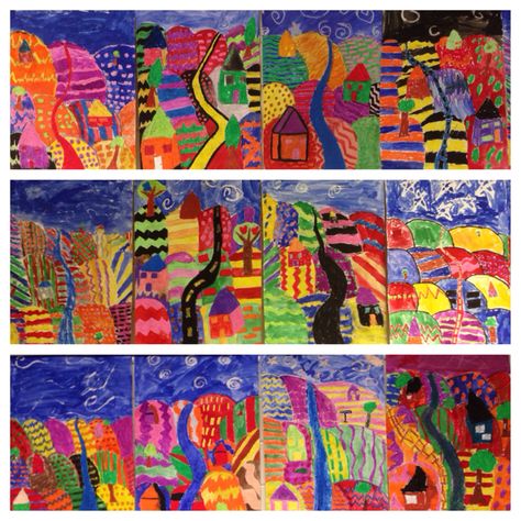 4th grade David Hockney landscapes - Mrs. Pilarcik's Elementary Art David Hockney Inspired Art, David Hockney Landscapes, Hockney Paintings, Line Types, Landscape Art Lessons, 7 Elements Of Art, David Hockney Art, Virtual Teaching, Art Lessons Middle School