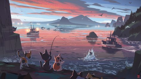 artwork, digital art, nature, fishing, cats, sea, steamship, dolphin | 1920x1080 Wallpaper - wallhaven.cc Desktop Wallpaper 1920x1080, Cool Desktop Wallpapers, Star Wars Vii, Scene Wallpaper, Desktop Background Images, Fish Wallpaper, 8k Wallpaper, Ocean Scenes, Star Wars Pictures