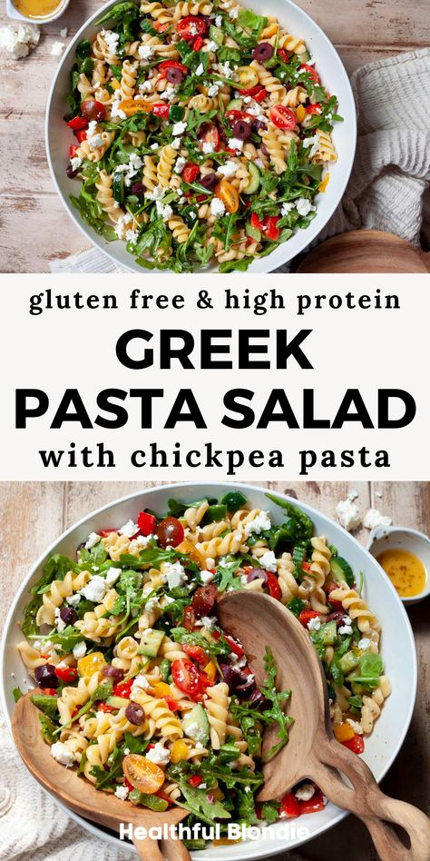 Easy Greek Pasta Salad, Pasta Salad Healthy, Protein Pasta Recipes, Banza Chickpea Pasta, Vegetarian Pasta Salad, Gluten Free Pasta Salad, Healthy Pasta Salad Recipes, Greek Pasta Salad Recipe, High Protein Pasta