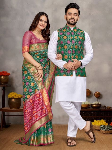 WTX MOH-MAYA SINGLES AVAILABLE 👨 Men's Kurta + Koti & Women Saree 👧 🥼🥻Fabric Details🧶🧵🪡 Koti Fabric :- Jecard Weaving Silk Kurta Fabric :- Cotton fabric 👖Pant :- Cotton fabric 👘Saree Fabric :- Jecard Weaving Silk 🤷🏻‍♂️Men Size :- *M, L, XL, 2XL Couple Saree And Kurta, Kurta Koti, Kurta Pajama With Jacket, Couple Dresses, Sequins Lehenga, Navratri Dress, Couple Matching Outfits, Sequin Saree, Mens Kurta