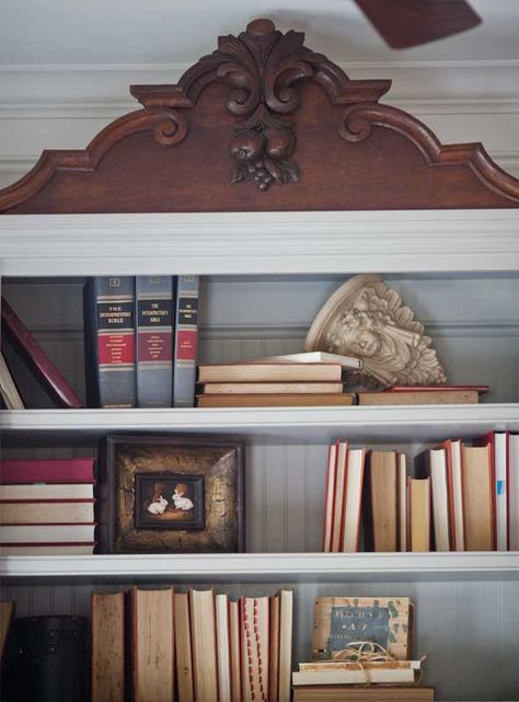 Furniture Pediment used a New Way www.cedarhilfarmhouse.com Door Pediments Interior, Handy Andy, Cedar Hill Farmhouse, Bookcase Styling, Doors Repurposed, Furniture Update, Collection Display, Furniture Rehab, Diy Decor Crafts