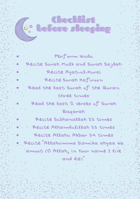 Islamic Self Care Checklist, Duaa Before Sleeping, Islam Night Routine, Islamic Things To Do, Islamic Night Routine, Friday Checklist Islam, Before Sleeping Islam, Islam Checklist, Islamic To Do List