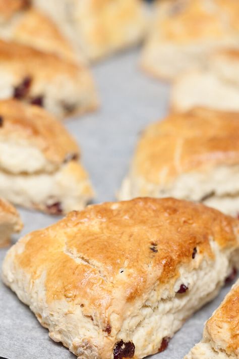 Irish Scones - Made with buttermilk, egg, baking soda, flour, sugar, baking powder, kosher salt, Irish butter, currants or raisins | CDKitchen.com Easy Irish Desserts, Current Scones, Irish Scones Recipe, Irish Dessert Recipes, Buttermilk Scone Recipe, Irish Scones, Raisin Scones, Irish Desserts, Raisin Recipes